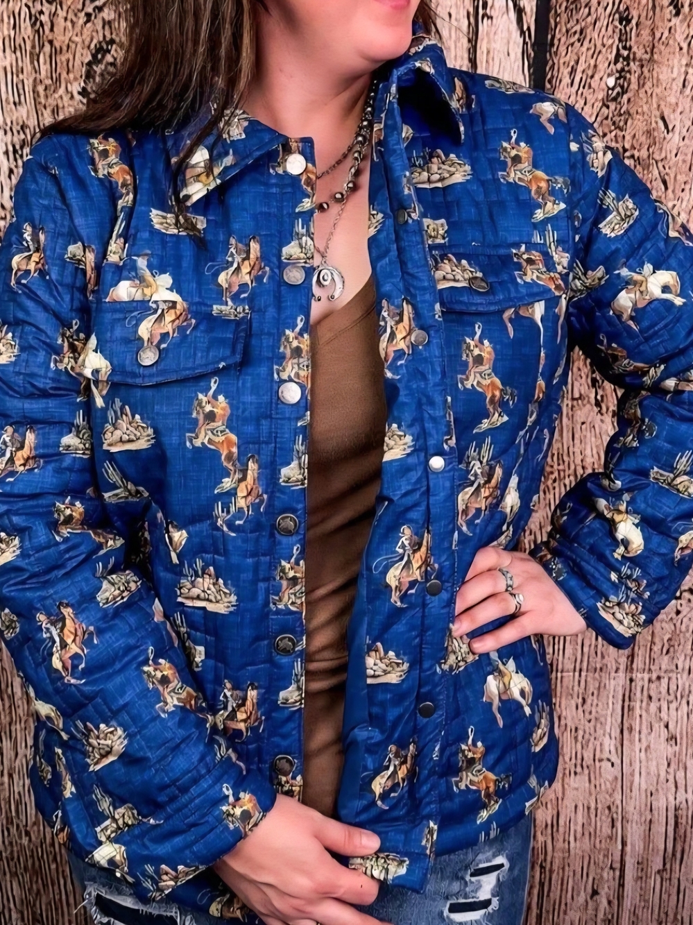 Blue Quilted Cowgirl Print Jacket - Women's Top